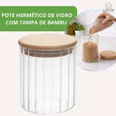 Pote Hermético Vidro Canelado Porta Mantimentos Tampa Bambu Cozinha Armário 700ml  1L  1,4L   1,8L