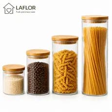 Kit 4 Potes De Vidro Canelado Porta Mantimentos Tampa Bambu Pote Hermético Cozinha Armário