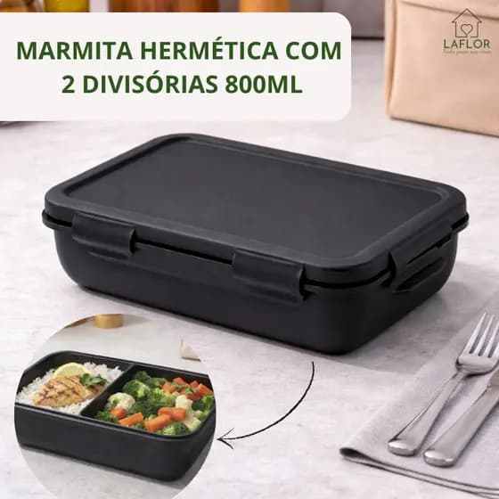 Marmita Com Divisórias Trava Hermética Pote Lancheira Microondas Freezer 800ml Preta Rosa Azul