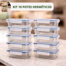 Kit Pote Hermético Retangular Potes de Vidro 4 Travas Marmita Fit Microondas Mantimentos Freezer