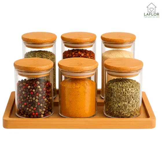 Kit 6 Potes de vidro 200ml tampa de bambu redondo porta temperos mantimentos hermético