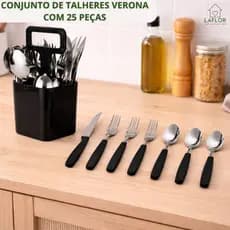 Jogo De Talheres 25 Peças Inox Com Suporte Garfos Colheres E Facas Preto e Vermelho
