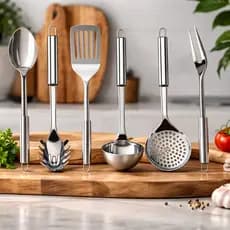 Kit 6 Utensílios de Cozinha em Aço Inox Escumadeira Concha Colher Arroz Pegador Massa Garfo Trin