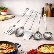 Kit 5 Utensílios Para Cozinha 100% Aço Inox - Concha Escumadeira Colher Arroz Espatula Vazada E Bolo