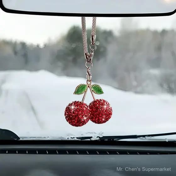 Charme Brilhante de Cereja para Retrovisor de Carro, Ornamento de Strass para Pendurar no Carro, Decoração Suspensa