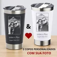 Kit com 2 Copos Térmicos casal com Foto Gravada a Laser – Presente Personalizado