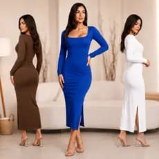 Vestido Midi Feminino Manga Longa Justo Decote Quadrado Elegante Festa Social Casual Moda Feminina