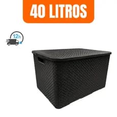 Caixa Organizadora Cesto Multiuso Rattan 40 Litros Com Tampa Preto