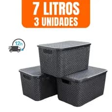 Kit 3 Caixa Organizadora Cesto Multiuso Rattan 7 Litros Com Tampa Preto Empilhavel