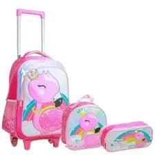 Mochila Infantil com Rodinhas Flamingo Kit Escolar 3 Peças com Lancheira e Estojo