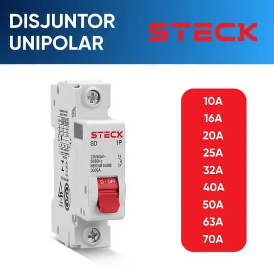 Disjuntor Steck Monofásico Curva C 10A, 16A, 20A, 25A, 32A, 40A, 50A e 63A Tomada Chuveiro