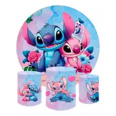 Kit Painel Redondo + Capa De Cilindro Decoração Stitch 24