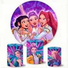 Kit Capa De Painel Redondo + Capa Cilindro Decoração Festa Tema Guerreiras Kpop 4