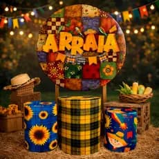 Pegue e monte Painel de Festa Tema Arraial Festa Junina Kit Capa Painel Redondo+Trio Capa  Cilindros