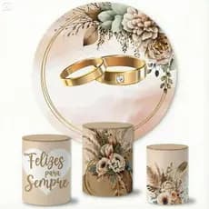 Kit Painel de Festa Redondo 1,50 + Trio Capas Cilindro Tema Casamento Aniversário Bodas aliança