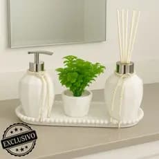 Kit Lavabo Banheiro Luxo Decoração Casa Frascos de Vidro Com Bandeja Aromatizante De Ambiente Branco