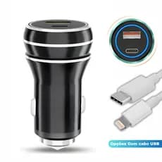 Carregador Veicular Turbo Tipo C + USB 3.4A Carregamento Rápido de Celular e Tablet