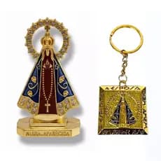 Nossa Senhora Aparecida Santinha + Chaveiro Metal Dourado