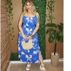 Vestido Mídi Romântico Estampado quadriculado com Alça e Elastex Cruzado Costa Moda 2025