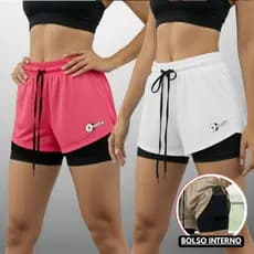 Kit 2 Shorts 2 Em 1 Feminino Esportivo Com Forro De Compressão Dry Fit Treino