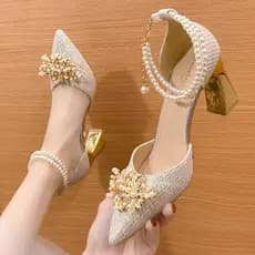 Sapatos de Verão Femininos Luxuosos Saltos Altos Sapatos de Casamento Noiva Saltos Dourados Sapatos Mary Jane para Mulhe