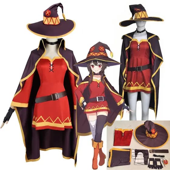 Fantasia de Cosplay de Anime KonoSuba Megumin, Uniforme Clássico de Bruxa, Capa, Chapéu, Faixa de Cabelo, Meio para Fest