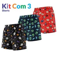 Kit 3 Shorts Samba Canção de Microfibra Infantil Estampas Divertidas - Pijama Meninos