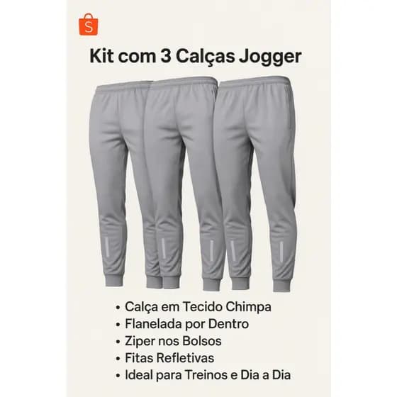 Kit 3 Calças Jogger Esportiva Treino Com Zíper no Bolso - com símbolo
