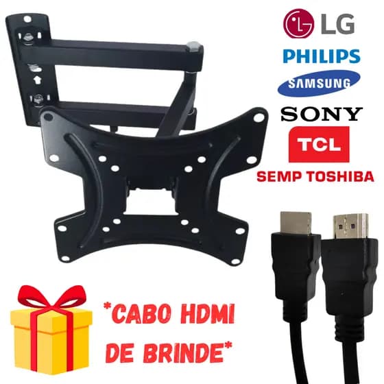 Kit Suporte Tri Articulado Tv 23 - 65 Pol Led Lcd Plasma Reforçado 23 32 40 47 50 55 65 Braço Longo + Briinde Cabo HDMI