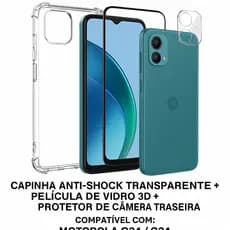 capinha anti-shock transparente + pelicula de vidro 3d + camera traseira motorola G04/G24