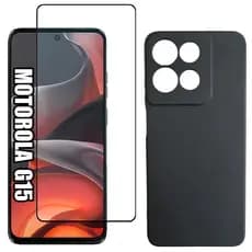 Motorola G15 – Capa Silicone Aveludada + Película de Vidro 3D – Proteção Completa
