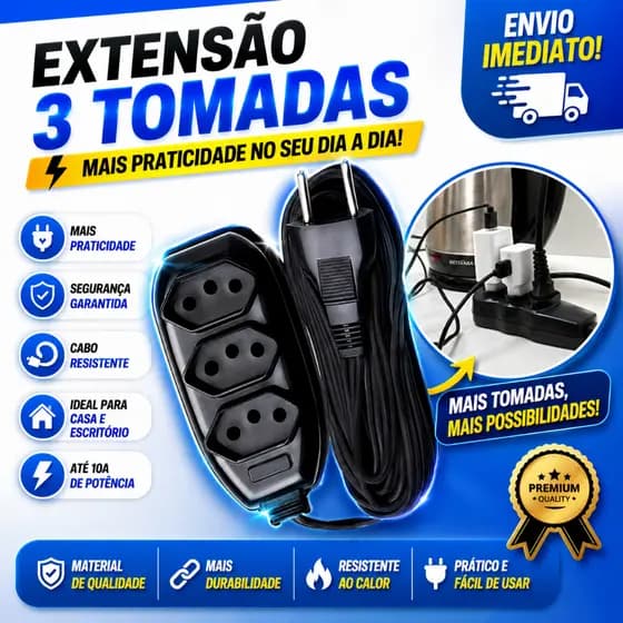 Extensão elétrica Bivolt Resistente 110/220v 10A Preto Tripolar Com 2/3/5/10 Metros Resistente