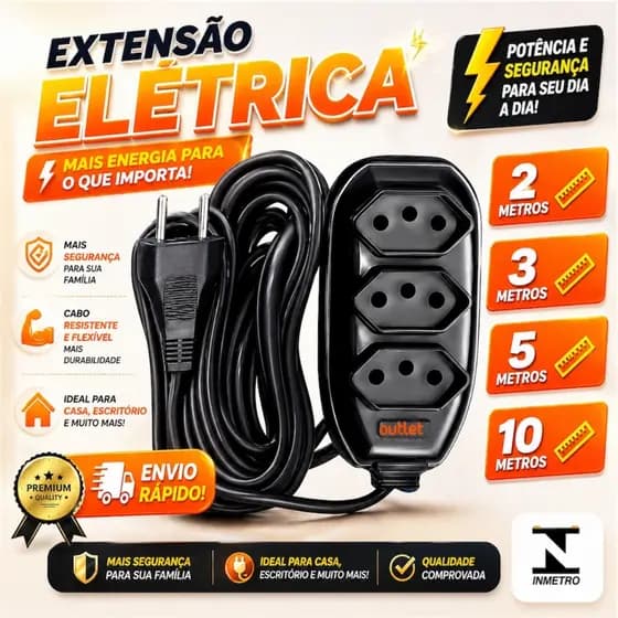 EXTENSÃO ELETRICA RESISTENTE 110/220V 3 ENTRADAS 10A - COR PRETA COM 3 ENTRADAS 2/3/5/10 METROS