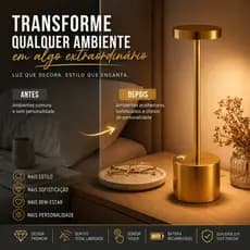Luminária LED Sem Fio Recarregável Touch Abajur Mesa 3 Cores Metalizada