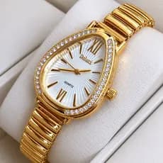 Relógio Feminino de Luxo Oval c/ Pedraria Pulseira Cobra Flexível Dourado Gota Pedras Cristal Rica