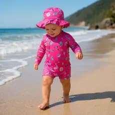 Kit Macacão + Chapéu Estampado Proteção Solar UV50+ Praia Verão Menino/Menina Roupa de Banho