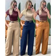 calça social pantalona teçido alfaiataria bolso nas laterais e ziper no meio com cinto moda feminina