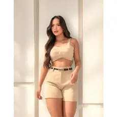 short feminina tecido alfaiataria com bolço zíper na lateral acompanha cinto