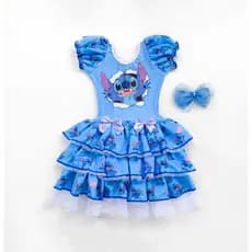 Vestido Stitch Caipira Azul menina desenhos animados com laço