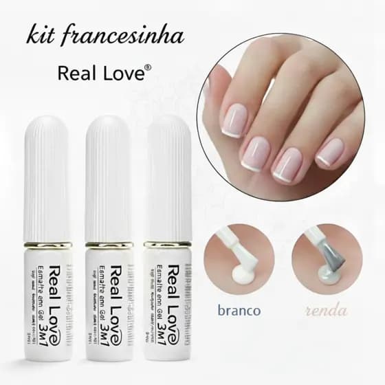 Kit Francesinha Real Love – Esmalte 3 em 1 com 3 Cores: Branco Puro, Branco Leitoso e Renda
