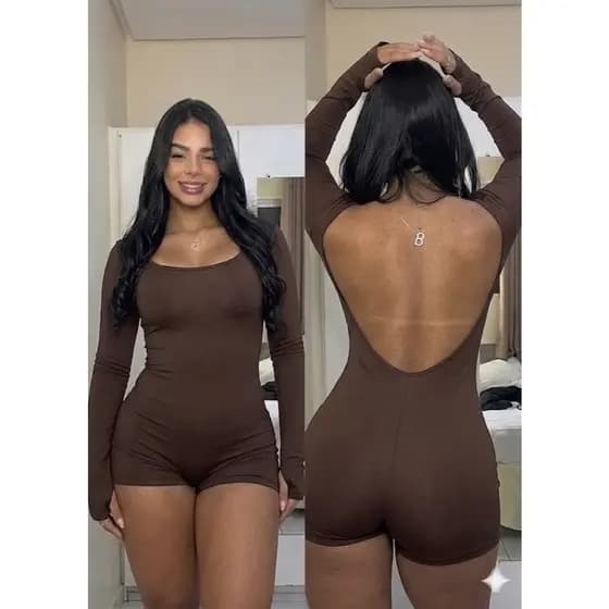 Macaquinho Curto Maya  - Costas Nuas com Dedinho (Manga Longa),Moda Gringa Blogueira
