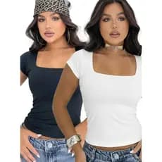 Blusinha Baby Tee Kit 2 Manga Curta Decote Quadrado Malha Suplex Premium Camiseta Blusa Top