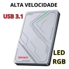 Case Externo Hd Ssd 2.5 Usb-c 3.1 Alta Velocidade Led Rgb Pc Notebook Smart Tv Ps4 Ps5 Xbox