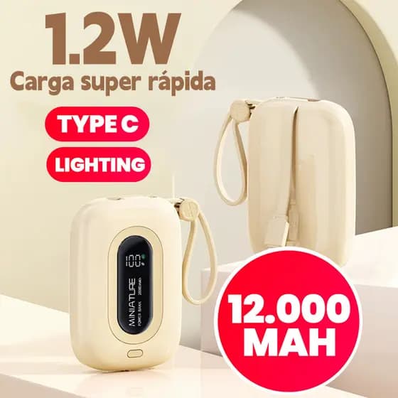 Carrega super rápido power bank de 12.000 mAh com USB universal‌, compacto, portátil e com exibidor numérico.