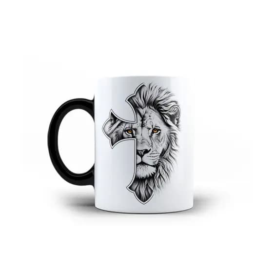Caneca de Porcelana Cristã Cruz Leão de Judá Jesus 325mL