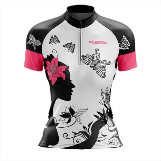 CAMISA CICLISMO FEMININA MOUNTAIN BIKE MANGA CURTA PROTEÇÃO UV RKC SPORTS BORBOLETAS BRANCA