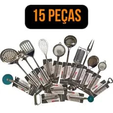 Conjunto 15 Utensilios de Cozinha Inox Variados Escumadeira, Espatula , Cortador, Garfo, Colher
