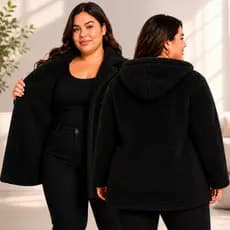 Casaco Teddy Inverno Plus size Sherpa Peluciado 2 Lados com Capuz Preto Frio Agasalho Capuz Bolso