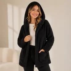 Casaco Teddy Preto Inverno Sherpa Peluciado Dentro e Fora Pelucia Quente Peludo Frio Agasalho Capuz Bolso