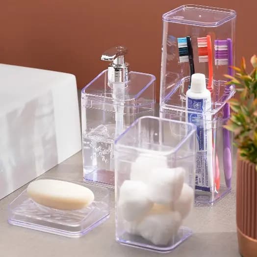 Kit Pia de Banheiro Luxo Lavabo Transparente Acrílico Porta Escova Saboneteira Cotonete Algodão Sabonete